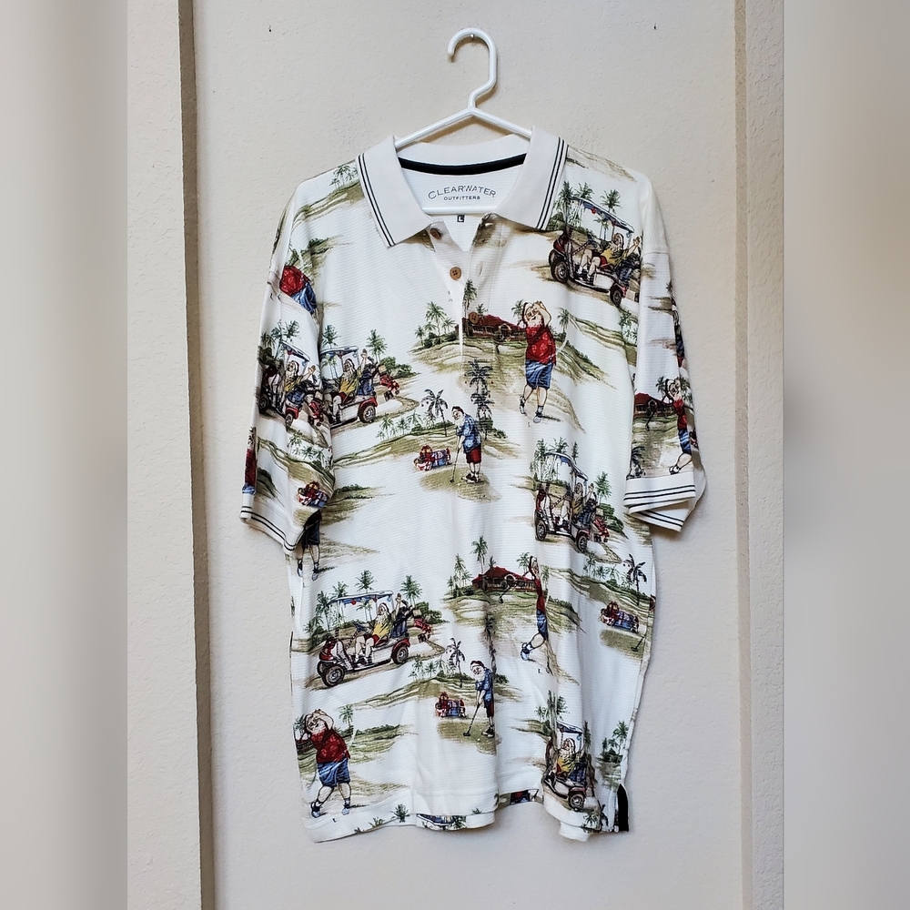 Clearwater Outfitters Santa Golfing Polo.  Size Large